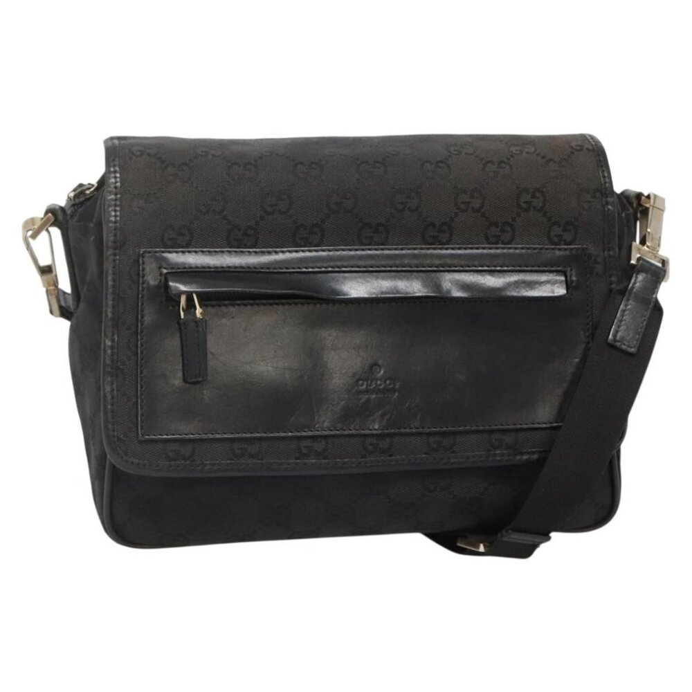 Authentic GUCCI GG Canvas Shoulder Bag Black Gold 019 0375